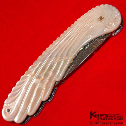 Joseph Szilaski Custom Knife Carved Motehr of Pearl and Damascus "In the Clouds" Linerlock - Image 3