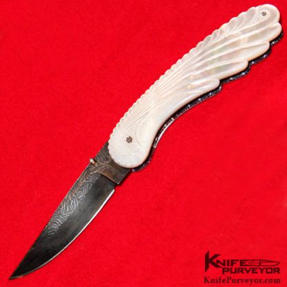 Joseph Szilaski Custom Knife Carved Motehr of Pearl and Damascus "In the Clouds" Linerlock
