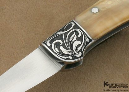 T.M. Dowell Custom Knife Fossilized Walrus Ivory Lockback Engraved by Ron Skaggs - Image 2