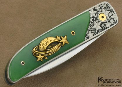 Bob Terzuola Custom Knives Jon Robyn Engraved Barrett Smythe Green Apple Jade & 18 Kt Gold Linerlock - Image 3