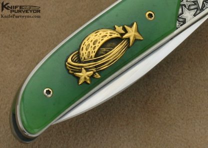 Bob Terzuola Custom Knives Jon Robyn Engraved Barrett Smythe Green Apple Jade & 18 Kt Gold Linerlock - Image 4