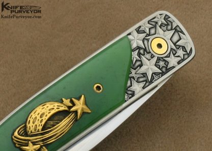 Bob Terzuola Custom Knives Jon Robyn Engraved Barrett Smythe Green Apple Jade & 18 Kt Gold Linerlock - Image 5