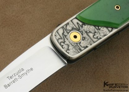 Bob Terzuola Custom Knives Jon Robyn Engraved Barrett Smythe Green Apple Jade & 18 Kt Gold Linerlock - Image 2