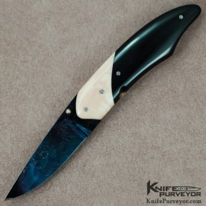 Theuns Prinsloo Custom Knife Blued Sole Authorship Damascus with Black Buffalo Horn & Warthog Ivory Linerlock