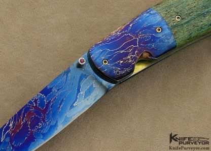 Theuns Prinsloo Custom Knife Blued Damascus Warthog Tusk Jeweled Backstrap  Linerlock - Image 2
