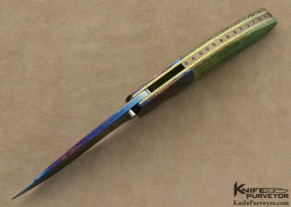 Theuns Prinsloo Custom Knife Blued Damascus Warthog Tusk Jeweled Backstrap  Linerlock - Image 4