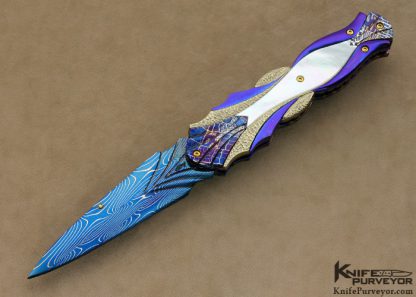 Suchat Jangtanong Custom Knife Mother of Pearl & Blued Damascus Dagger Linerlock