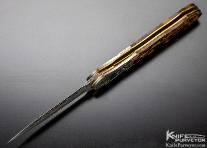 Owen Wood Custom Knife Pietersite Linerlock Dagger with "Chevron & Explosion" Damascus Engraved by Tim George - Image 9
