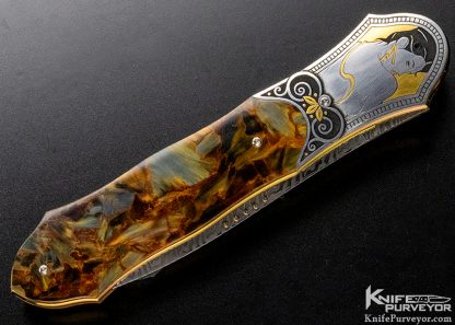 Owen Wood Custom Knife Pietersite Linerlock Dagger with "Chevron & Explosion" Damascus Engraved by Tim George - Image 7