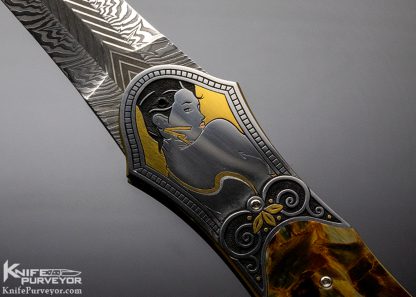 Owen Wood Custom Knife Pietersite Linerlock Dagger with "Chevron & Explosion" Damascus Engraved by Tim George - Image 6