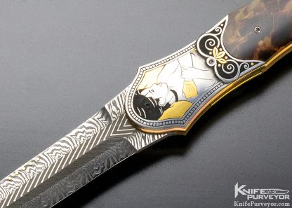 Owen Wood Custom Knife Pietersite Linerlock Dagger with "Chevron & Explosion" Damascus Engraved by Tim George - Image 2