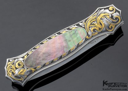 Joe Kious Custom Knife Black Lip Tahitian Pearl Shell Interframe Lockback Dagger Engraved by Tim George - Image 4