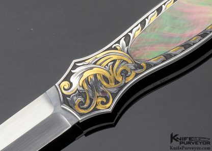 Joe Kious Custom Knife Black Lip Tahitian Pearl Shell Interframe Lockback Dagger Engraved by Tim George - Image 2