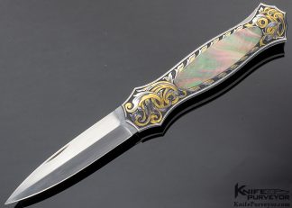 Joe Kious Custom Knife Black Lip Tahitian Pearl Shell Interframe Lockback Dagger Engraved by Tim George 6666 Open