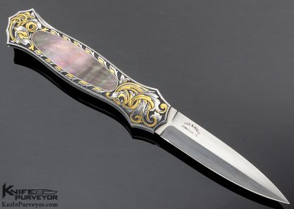 Joe Kious Custom Knife Black Lip Tahitian Pearl Shell Interframe Lockback Dagger Engraved by Tim George - Image 3