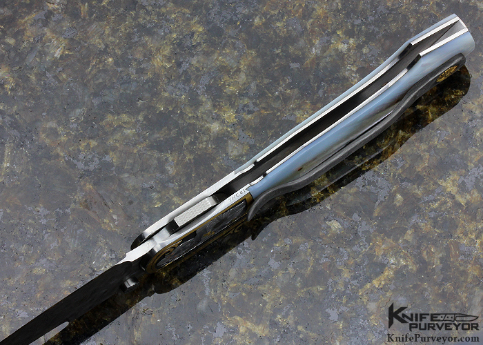 Scott Sawby Custom Knife Engraved by Tim George Mother of Pearl & Mike Norris "Raindrop" Damascus - Image 5