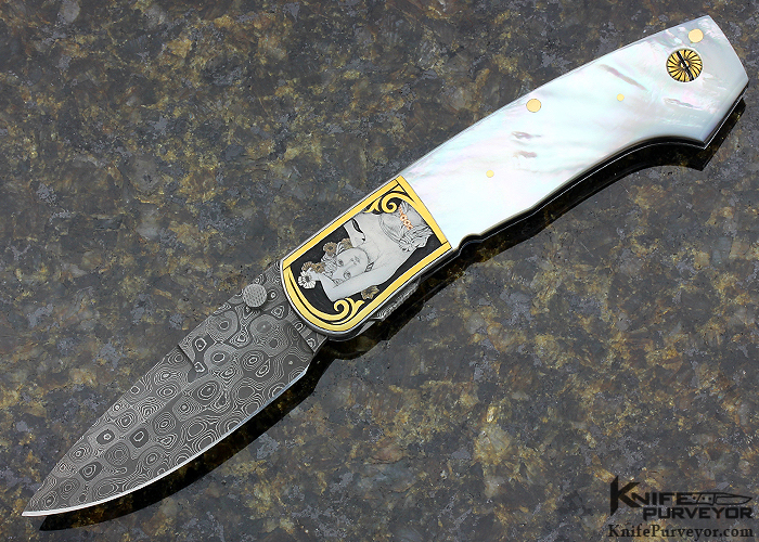 Scott Sawby Custom Knife Engraved by Tim George Mother of Pearl & Mike Norris "Raindrop" Damascus