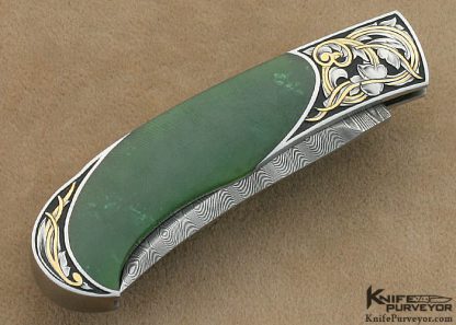 Tim Herman Custom Knife Sole Authorship Engraved Jade & Bud Hubbard Ladder Damascus Persian Lockback - Image 4