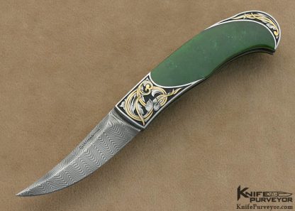Tim Herman Custom Knife Sole Authorship Engraved Jade & Bud Hubbard Ladder Damascus Persian Lockback