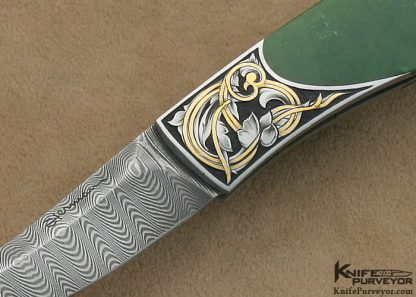 Tim Herman Custom Knife Sole Authorship Engraved Jade & Bud Hubbard Ladder Damascus Persian Lockback - Image 2