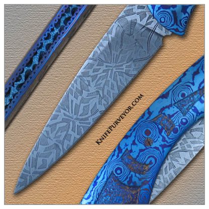 Tom Ferry's Custom Knife: Sole Authorship Damascus Wharncliff Flipper Linerlock with Anodized & Textured Timascus Scales - Image 2