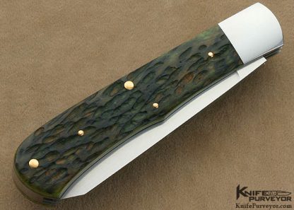 Tom Overeynder Custom Knife 2 Blade "Remington 1123" Antique Green/Tan Jigged Bone Slip Joint with 14Kt Rose Gold Federal Shield and Pins - Image 3