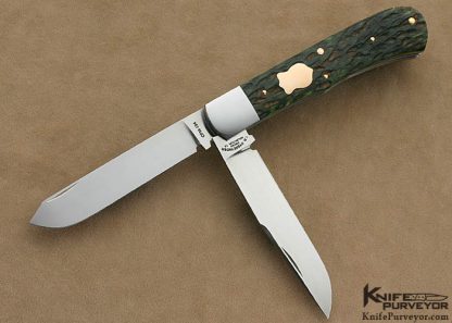 Tom Overeynder Custom Knife 2 Blade "Remington 1123" Antique Green/Tan Jigged Bone Slip Joint with 14Kt Rose Gold Federal Shield and Pins