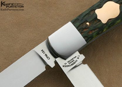 Tom Overeynder Custom Knife 2 Blade "Remington 1123" Antique Green/Tan Jigged Bone Slip Joint with 14Kt Rose Gold Federal Shield and Pins - Image 2
