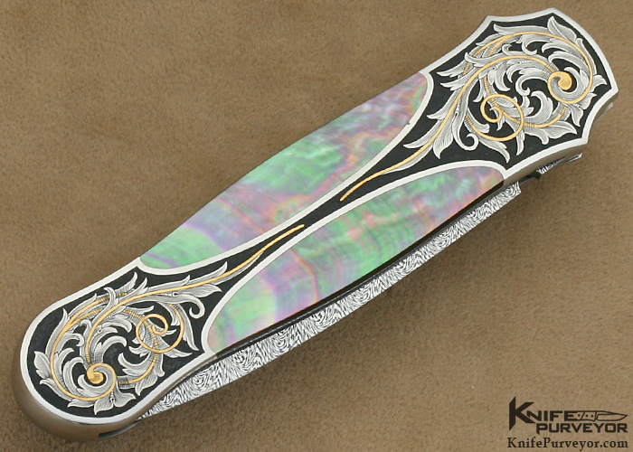 Tom Overeynder Custom Knife Black Lip Tahitian Pearl Semi-Interframe Lockback Dagger Engraved by Joe Mason - Image 4