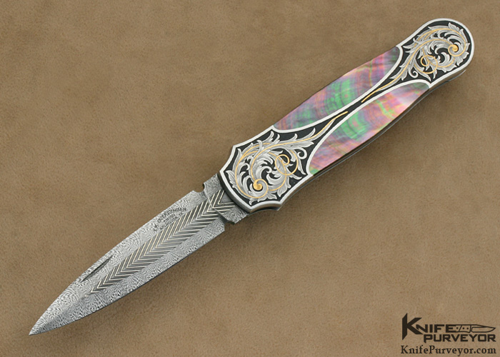 Tom Overeynder Custom Knife Black Lip Tahitian Pearl Semi-Interframe Lockback Dagger Engraved by Joe Mason 13081