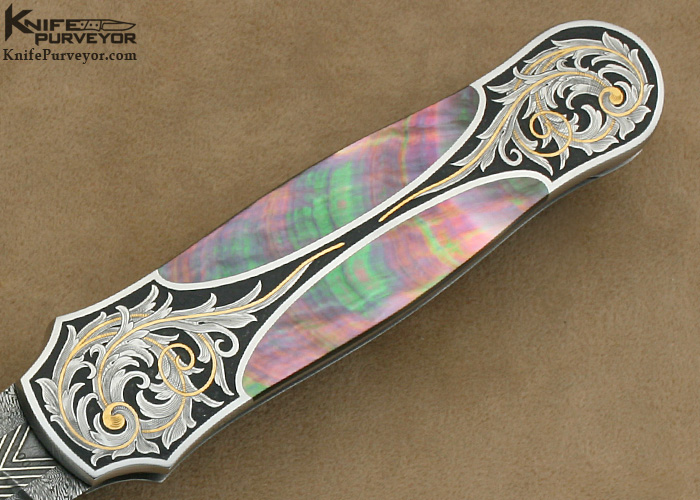 Tom Overeynder Custom Knife Black Lip Tahitian Pearl Semi-Interframe Lockback Dagger Engraved by Joe Mason - Image 3