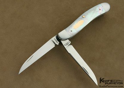 Tom Overeynder Custom Knife Model 26 "Serpentine Trapper" Slip Joint Mother of Pearl Shell with 18Kt Rose Gold Pins & Shield