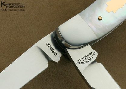 Tom Overeynder Custom Knife Model 26 "Serpentine Trapper" Slip Joint Mother of Pearl Shell with 18Kt Rose Gold Pins & Shield - Image 2
