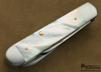 Tom Overeynder Custom Knife Model 24 "Jack" Slip Joint Mother of Pearl Shell with 18Kt Rose Gold Pins & Shield - Image 4