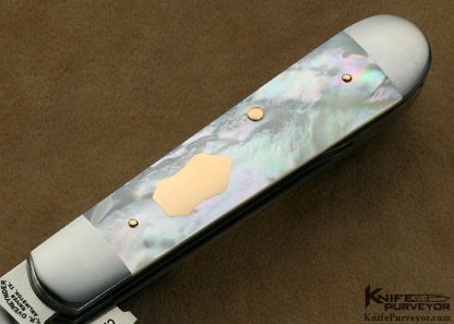 Tom Overeynder Custom Knife Model 24 "Jack" Slip Joint Mother of Pearl Shell with 18Kt Rose Gold Pins & Shield - Image 3