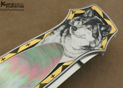 Tom Overyender Custom Knife Black Lip Tahitian Pearl Shell Interframe Lockback Engraved by Ray Cover Jr. - Image 6