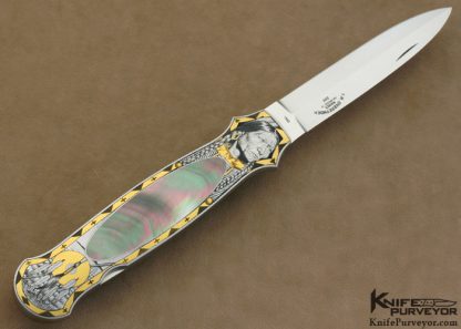 Tom Overyender Custom Knife Black Lip Tahitian Pearl Shell Interframe Lockback Engraved by Ray Cover Jr.