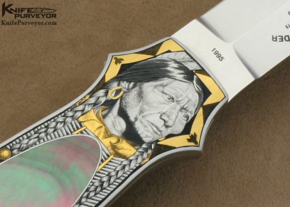 Tom Overyender Custom Knife Black Lip Tahitian Pearl Shell Interframe Lockback Engraved by Ray Cover Jr. - Image 2