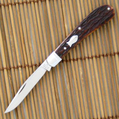 Tony Bose Custom Knife: #5 Brown Bone Gents Knife with Federal Shield Front Bolsters and a Satin Finished D-2 Blade