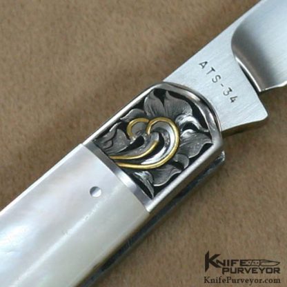 Tony Bose Custom Knives Julie Warenski Engraved Mother of Pearl Trapper - Image 3