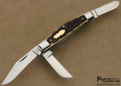 Tony Bose Custom Knife 3 Blade 4" Stockman Slipjoint with Remington Jigged Bone with 14Kt Gold Double Bomb Shield