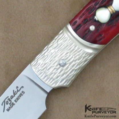 Shigeru Tozaki Custom Knife Textured Bolstered Red Jigged Bone Slipjoint - Image 2