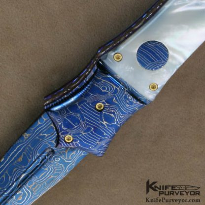 Rainy Vallotton Custom Knives Mother of Pearl & Blued Damascus "Barracuda" D/A Automatic Dagger Linerlock - Image 2
