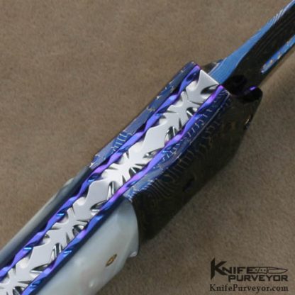 Rainy Vallotton Custom Knives Mother of Pearl & Blued Damascus "Barracuda" D/A Automatic Dagger Linerlock - Image 6