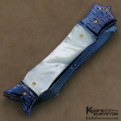 Rainy Vallotton Custom Knives Mother of Pearl & Blued Damascus "Barracuda" D/A Automatic Dagger Linerlock - Image 3