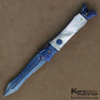 Rainy Vallotton Custom Knives Mother of Pearl & Blued Damascus "Barracuda" D/A Automatic Dagger Linerlock