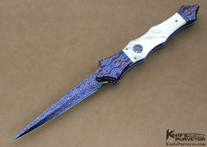 Rainy Vallotton Custom Knife "Saber" with Chad Nichols Blued Damascus & Mother of Pearl Linerlock Auto Dagger