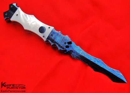 Rainy Vallotton Custom Knife Blued Damascus & Mother of Pearl Shell "Demon" D/A Automatic Linerlock