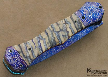 Rainy Vallotton Custom Knives Mammoth Tooth & Blued Damascus Double Action Automatic Linerlock - Image 3