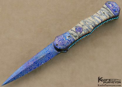 Rainy Vallotton Custom Knives Mammoth Tooth & Blued Damascus Double Action Automatic Linerlock